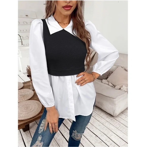 2 in 1 Black Knit Vest on White Button Down Shirt - Picture 5 of 10